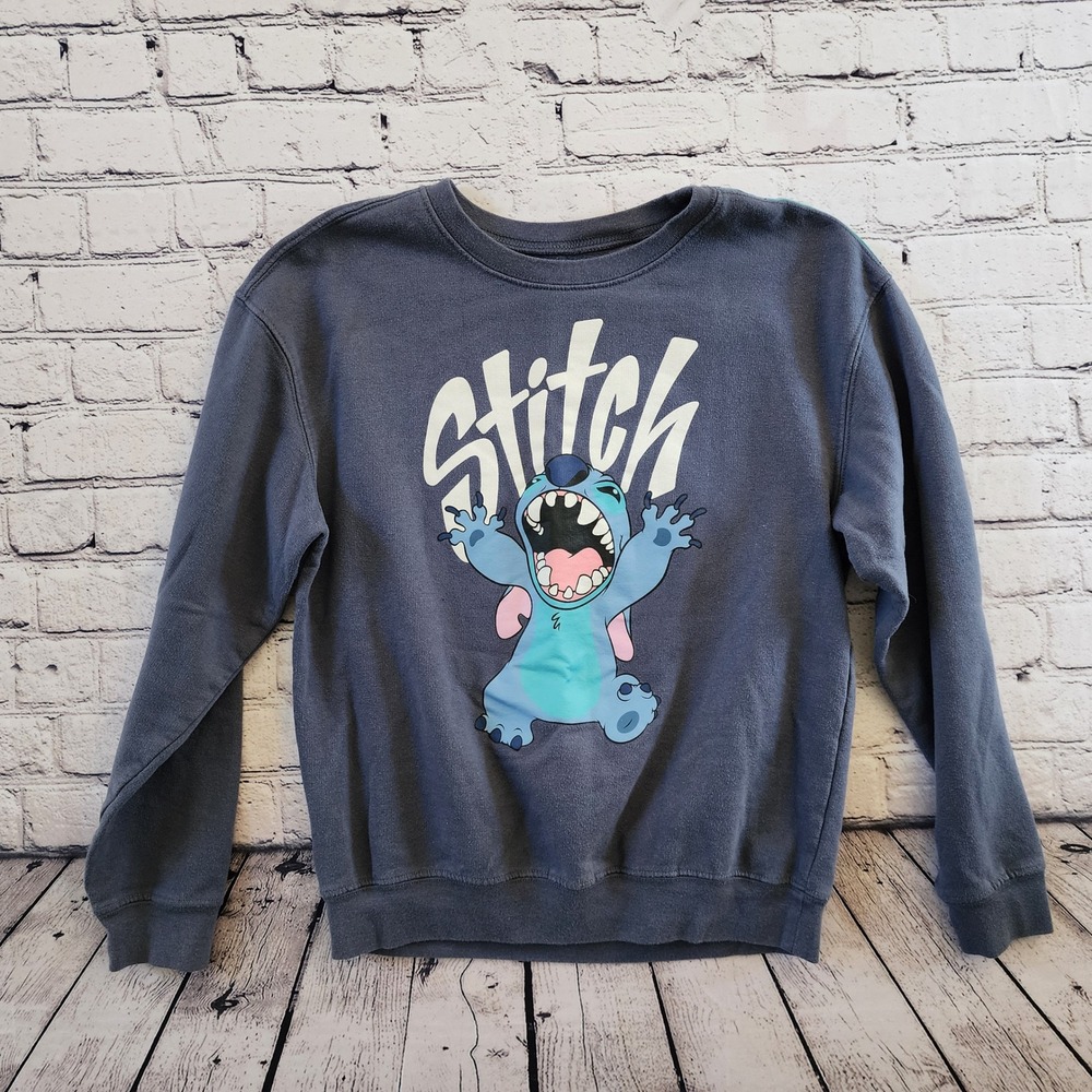 Disney Lilo & Stitch Graphic Sweatshirt Faded Navy Blue Womens Small Crewneck